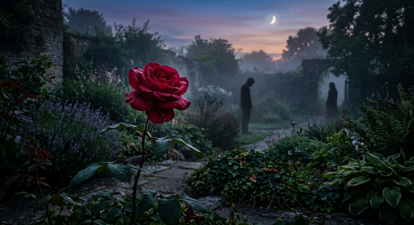 In a hauntingly beautiful, misty garden at twilight, a single, vibrant crimson rose stands in sharp focus in the foreground, its velvety petals glistening with heavy water droplets. This striking burst of color starkly contrasts with the cold, muted tones of the overgrown surroundings, where a stone pathway winds past lavender, ivy, and a weathered wall into a thick, eerie fog. In the shadowy distance, two dark silhouettes of figures linger near a stone archway, one with a bowed head conveying a sense of sorrow or deep contemplation. Above them, a crescent moon and faint stars illuminate a sky that fades from deep indigo into a soft pink and orange horizon, wrapping the entire scene in a melancholic, gothic, and deeply romantic atmosphere.